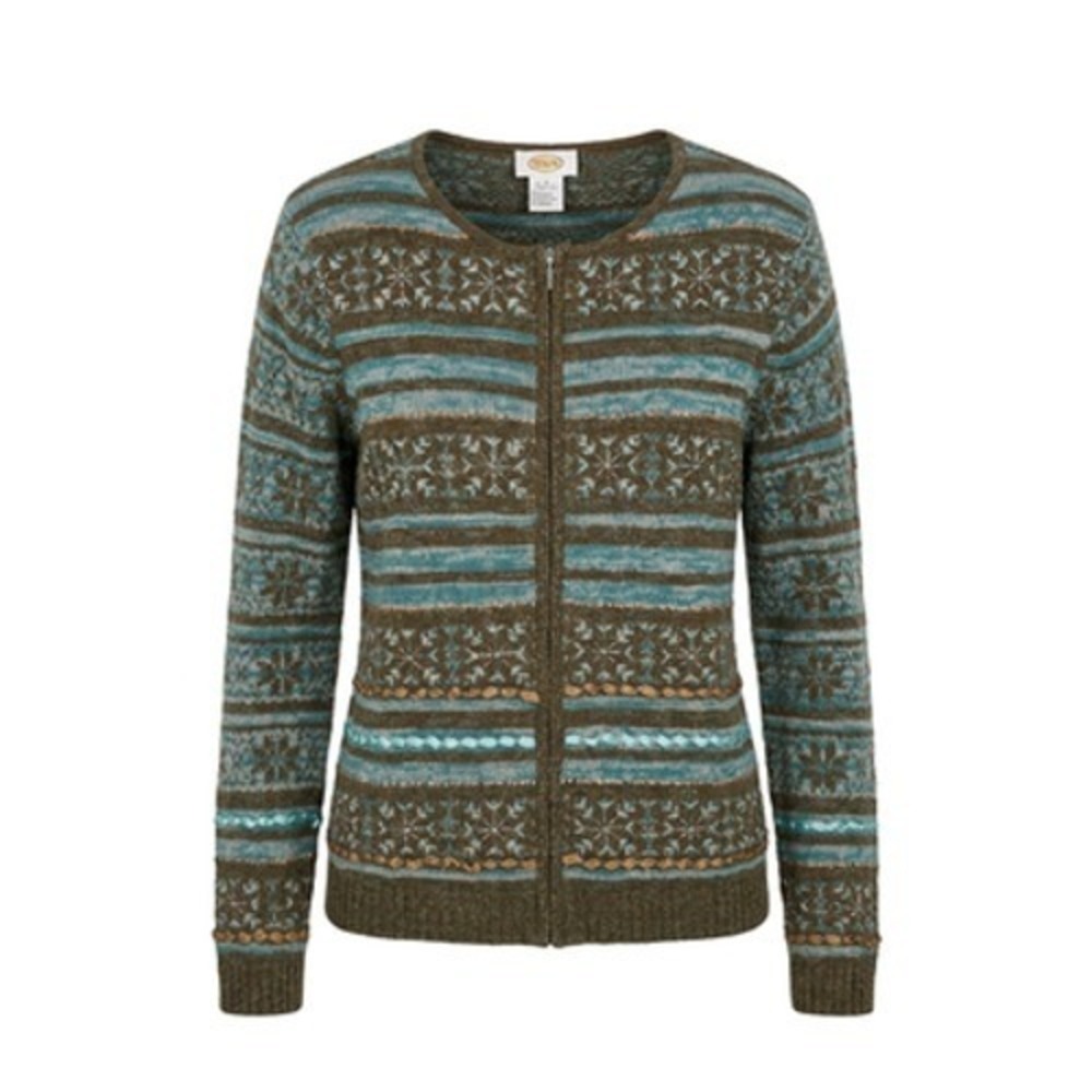 VTG Talbots Cardigan Sweater Women L Green Fair Isle Sequin Full Zip Cabincore